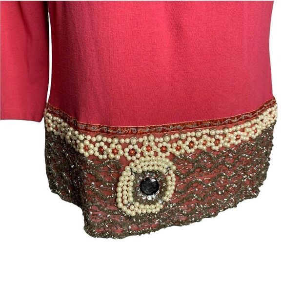 Moda International Beaded Knit Top M Pink 3/4 Sleeve V Neck Stretch Velvet Trim - Picture 3 of 7